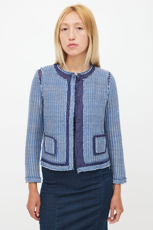 Prada Blue Distressed Tweed Cardigan