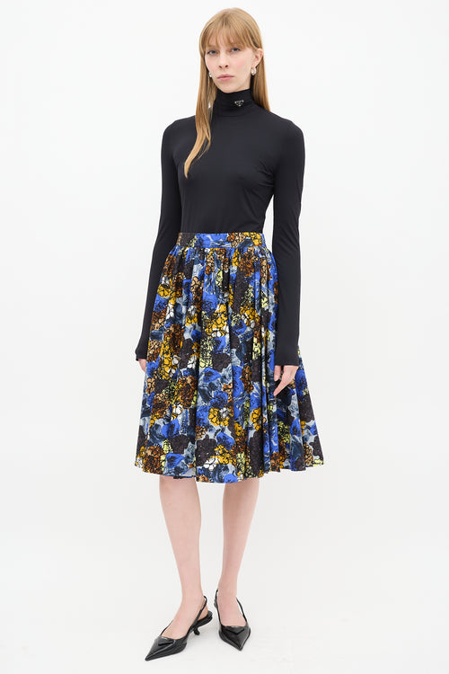 Prada Blue 
Multicolour Cotton Floral Gathered Midi Skirt