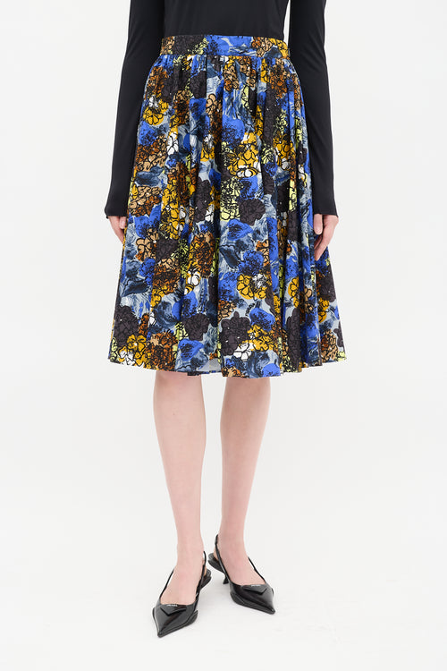 Prada Blue 
Multicolour Cotton Floral Gathered Midi Skirt