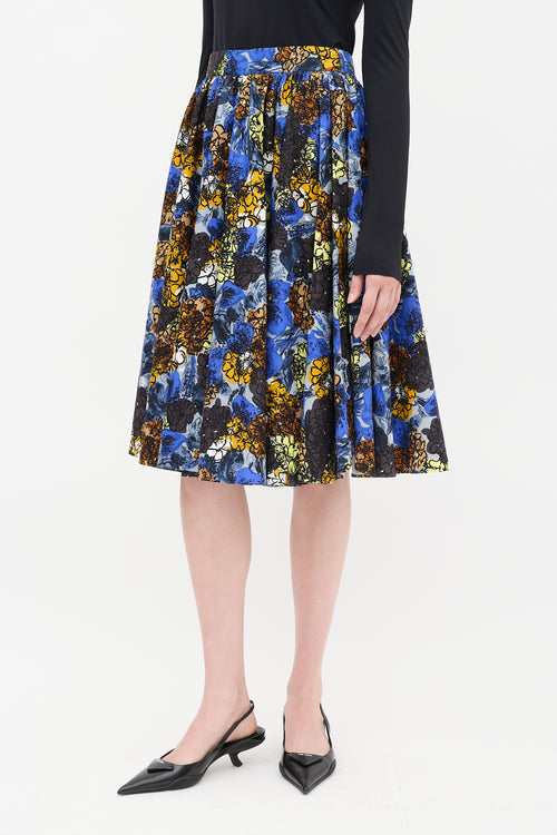 Prada Blue 
Multicolour Cotton Floral Gathered Midi Skirt