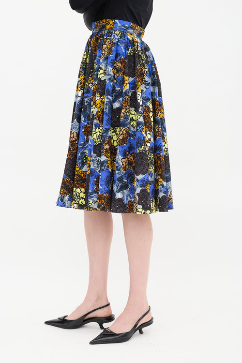 Prada Blue 
Multicolour Cotton Floral Gathered Midi Skirt