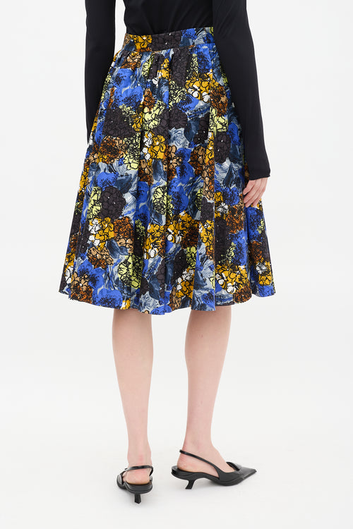 Prada Blue 
Multicolour Cotton Floral Gathered Midi Skirt