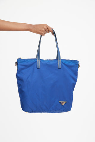 Blue Nylon 
Leather Two Way Tote Bag