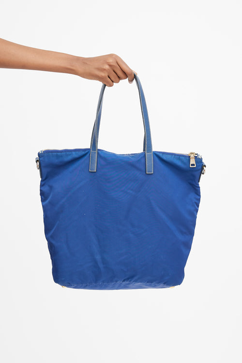 Blue Nylon 
Leather Two Way Tote Bag