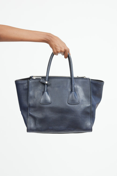 Navy Leather Twin Pocket Shoulder Bag