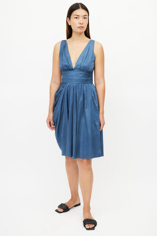 Prada Blue Pleated V-Neck Dress