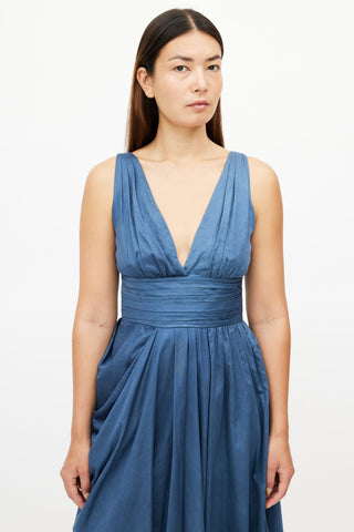 Prada Blue Pleated V-Neck Dress