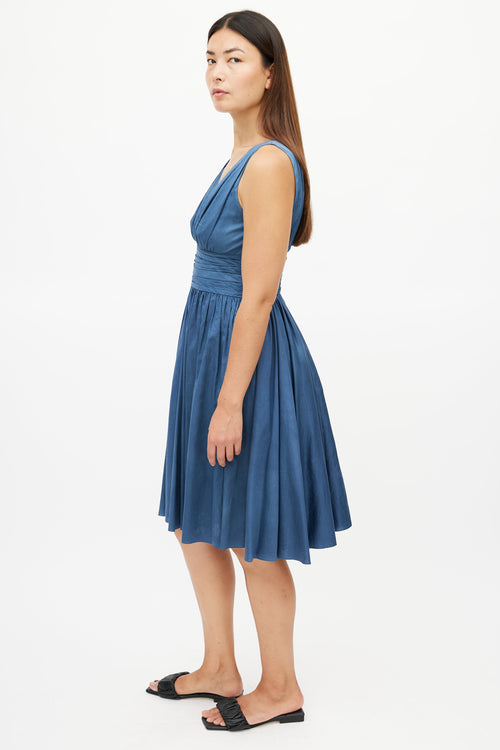 Prada Blue Pleated V-Neck Dress