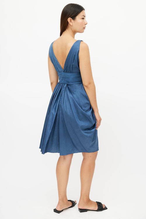 Prada Blue Pleated V-Neck Dress