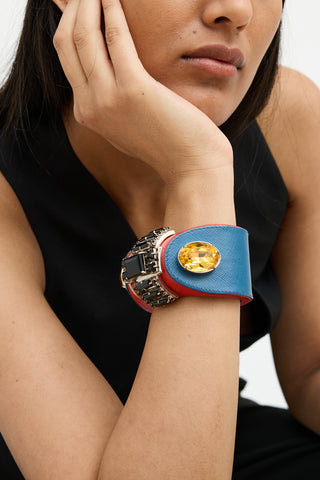 Prada Blue 
Red Embellished Saffiano Cuff