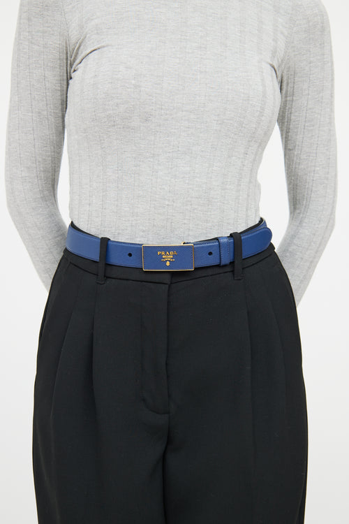 Prada Navy Saffiano Leather Logo Belt