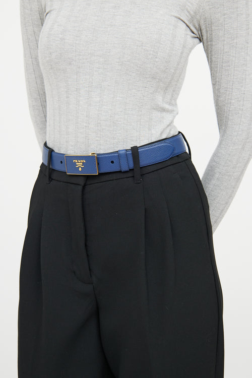 Prada Navy Saffiano Leather Logo Belt