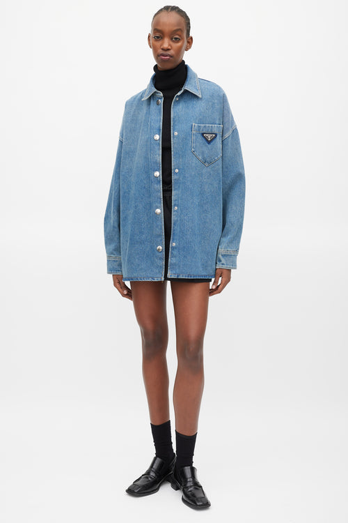 Prada Blue 
Silver Denim Oversized Distressed Logo Shirt