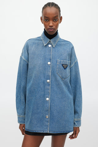 Prada Blue 
Silver Denim Oversized Distressed Logo Shirt