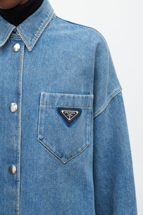 Prada Blue 
Silver Denim Oversized Distressed Logo Shirt