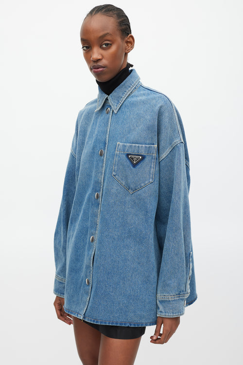 Prada Blue 
Silver Denim Oversized Distressed Logo Shirt