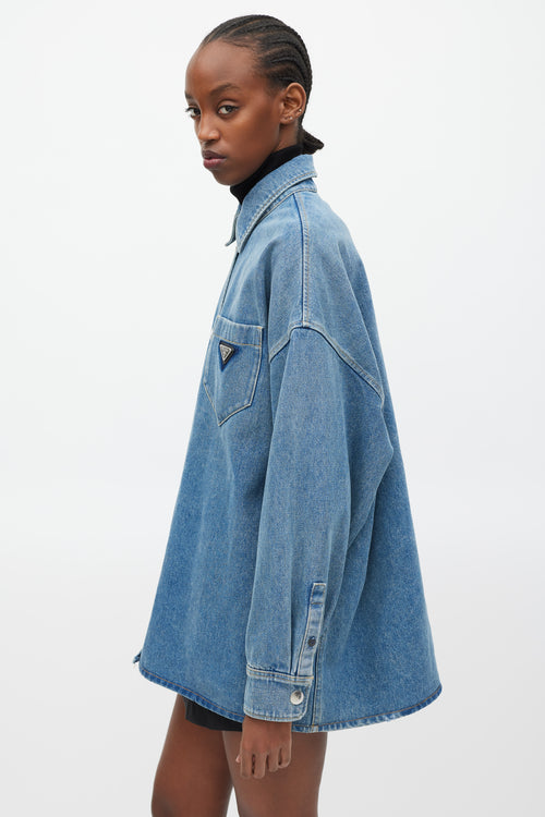 Prada Blue 
Silver Denim Oversized Distressed Logo Shirt