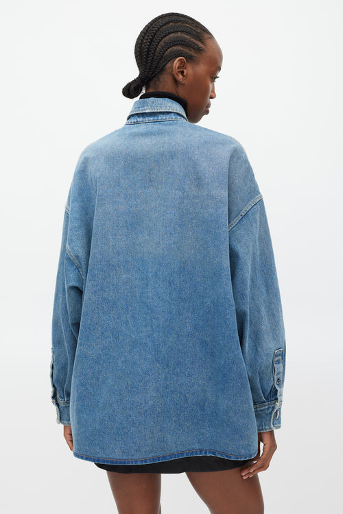 Prada Blue 
Silver Denim Oversized Distressed Logo Shirt