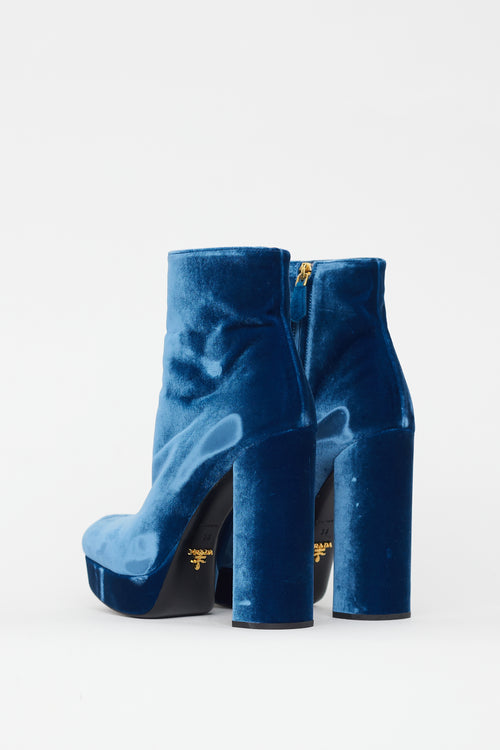 Prada Blue Velvet Platform Heel Boot