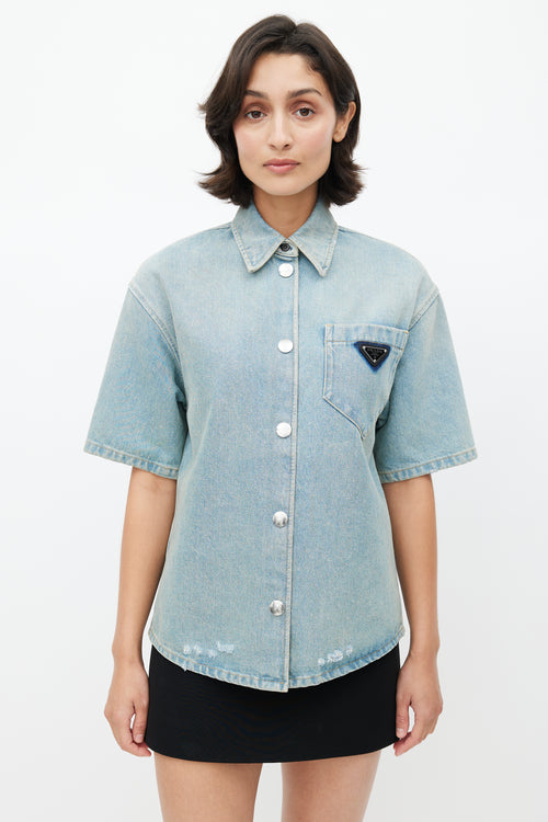 Prada Blue Washed Distressed Denim Logo Shirt