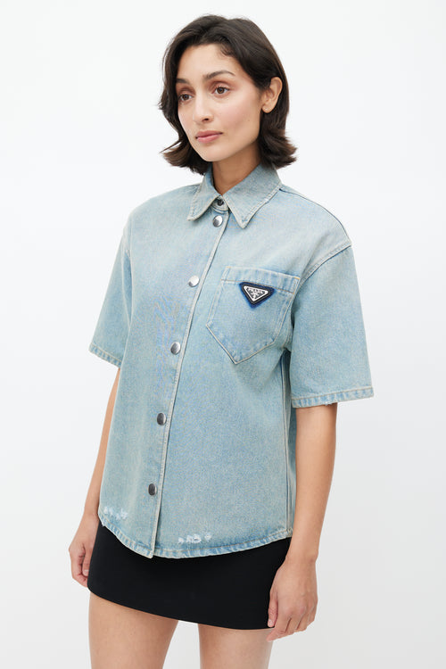 Prada Blue Washed Distressed Denim Logo Shirt