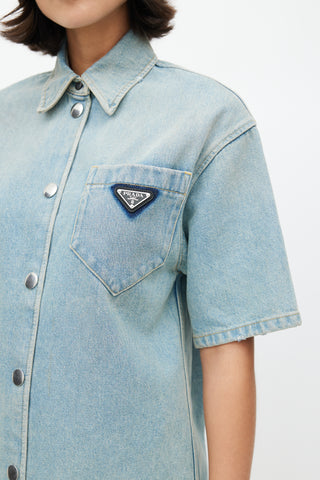 Prada Blue Washed Distressed Denim Logo Shirt