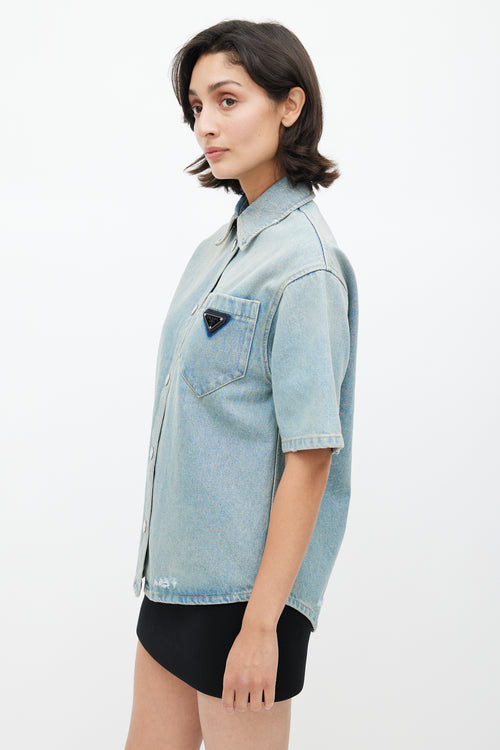 Prada Blue Washed Distressed Denim Logo Shirt