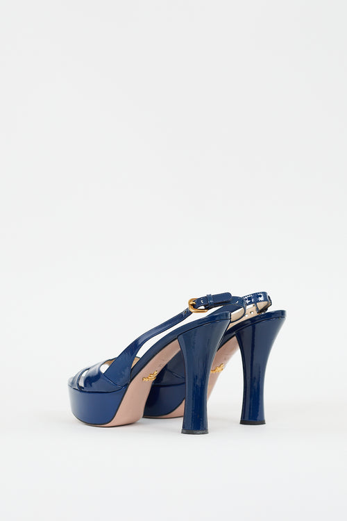 Prada Blue Patent Leather Slingback Platform Heel