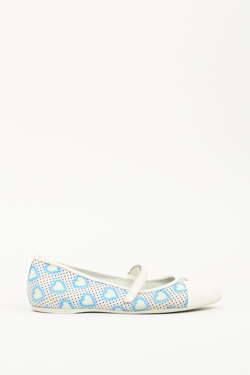 Prada Blue 
White Canvas Heart Mary Jane Flat