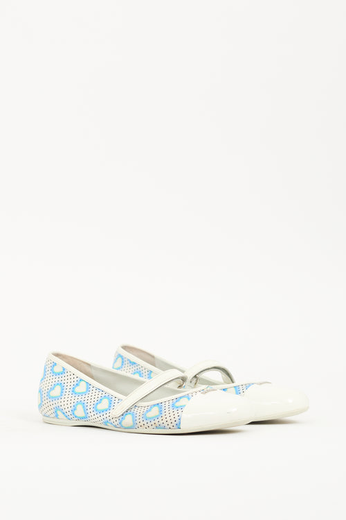 Prada Blue 
White Canvas Heart Mary Jane Flat