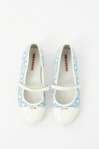 Prada Blue 
White Canvas Heart Mary Jane Flat