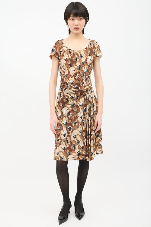 Prada Brown 
Beige Silk Floral Twist Dress