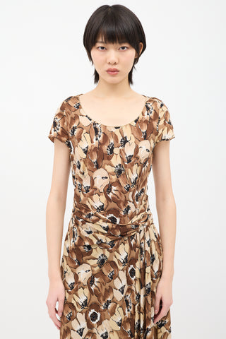 Prada Brown 
Beige Silk Floral Twist Dress