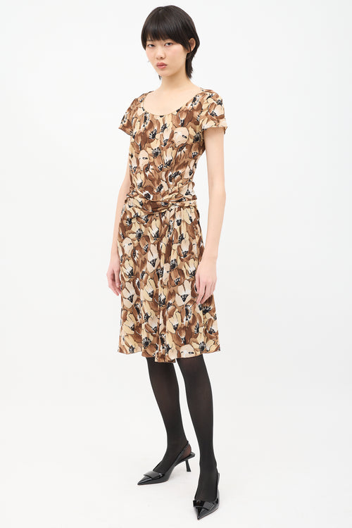 Prada Brown 
Beige Silk Floral Twist Dress