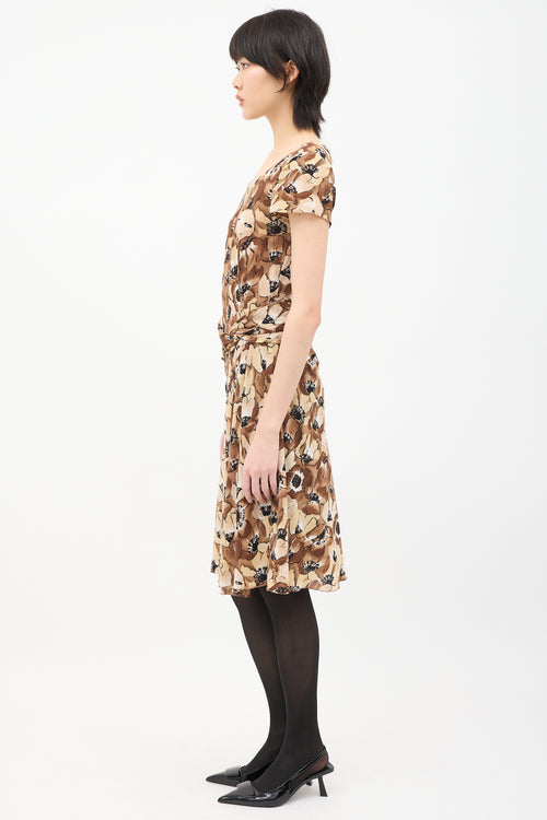 Prada Brown 
Beige Silk Floral Twist Dress