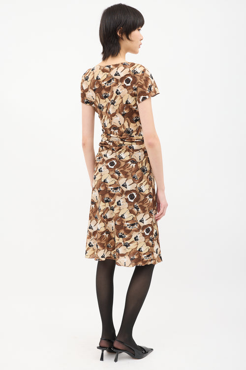 Prada Brown 
Beige Silk Floral Twist Dress