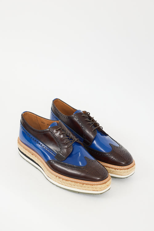 Prada Brown 
Blue Leather Espadrille Platform Brogue