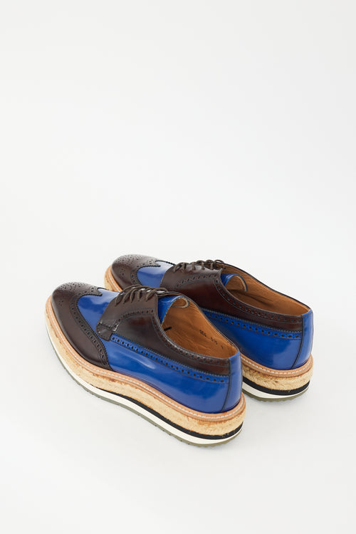 Prada Brown 
Blue Leather Espadrille Platform Brogue