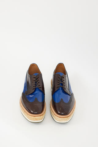 Prada Brown 
Blue Leather Espadrille Platform Brogue