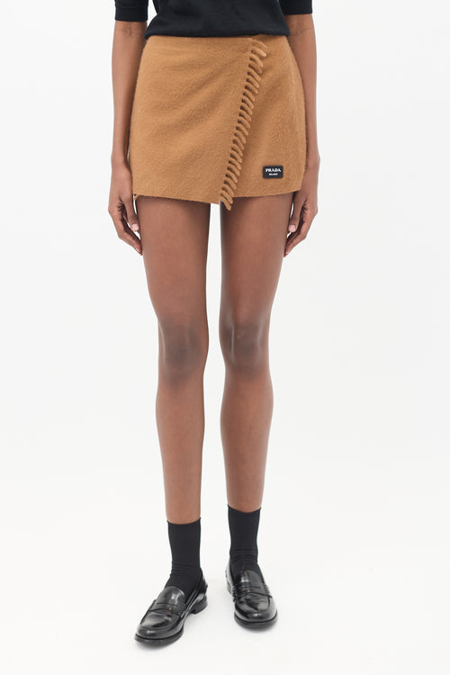 Prada Brown Cashmere Fringe Mini Wrap Skirt