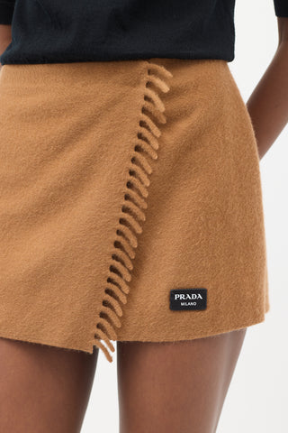 Prada Brown Cashmere Fringe Mini Wrap Skirt