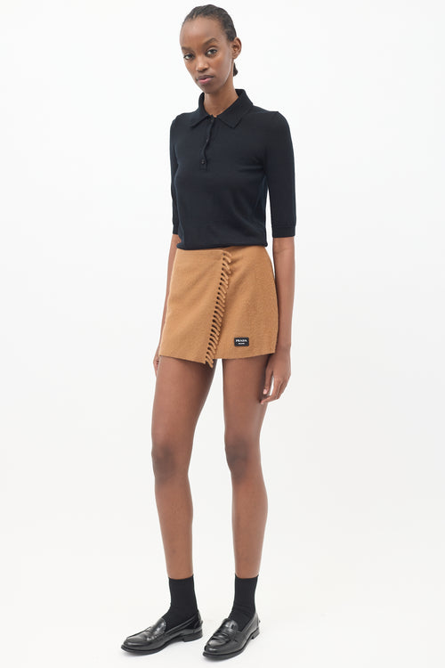 Prada Brown Cashmere Fringe Mini Wrap Skirt