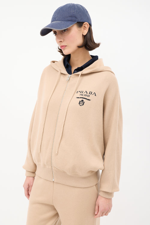 Prada Brown Cashmere Logo Intarsia Zip Hoodie