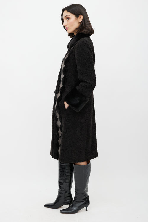 Prada Brown 
Cream Shearling Fur Diamond Coat