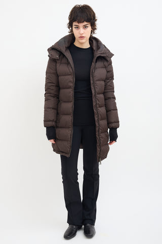 Prada Brown Down 
Nylon Hooded Puffer Coat