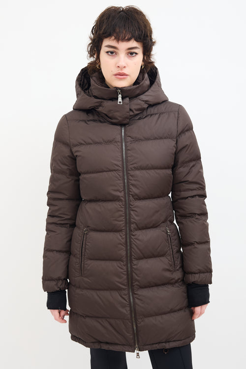 Prada Brown Down 
Nylon Hooded Puffer Coat