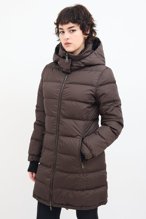 Prada Brown Down 
Nylon Hooded Puffer Coat