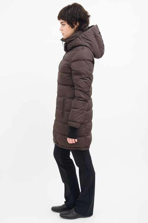 Prada Brown Down 
Nylon Hooded Puffer Coat