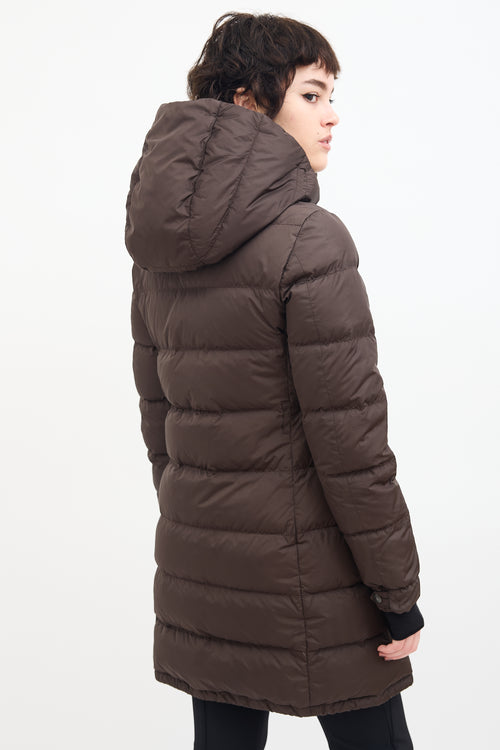 Prada Brown Down 
Nylon Hooded Puffer Coat