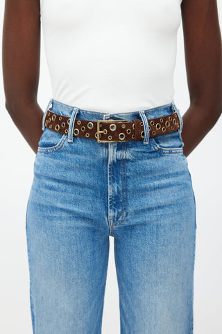 Prada Brown 
Gold Grommet Suede Belt